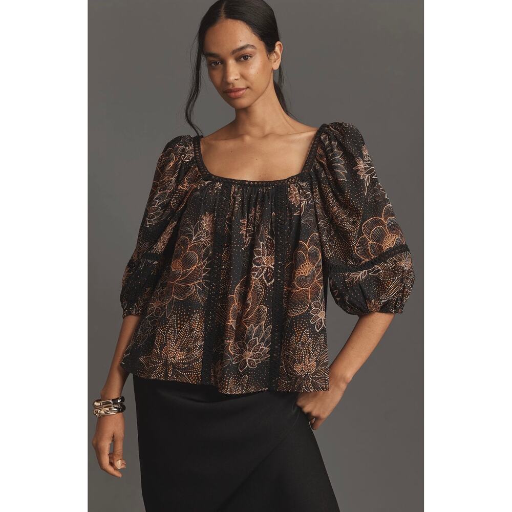 FARM Rio Lace Inset Peasant Black with Copper Floral Print and Puff Sleeves